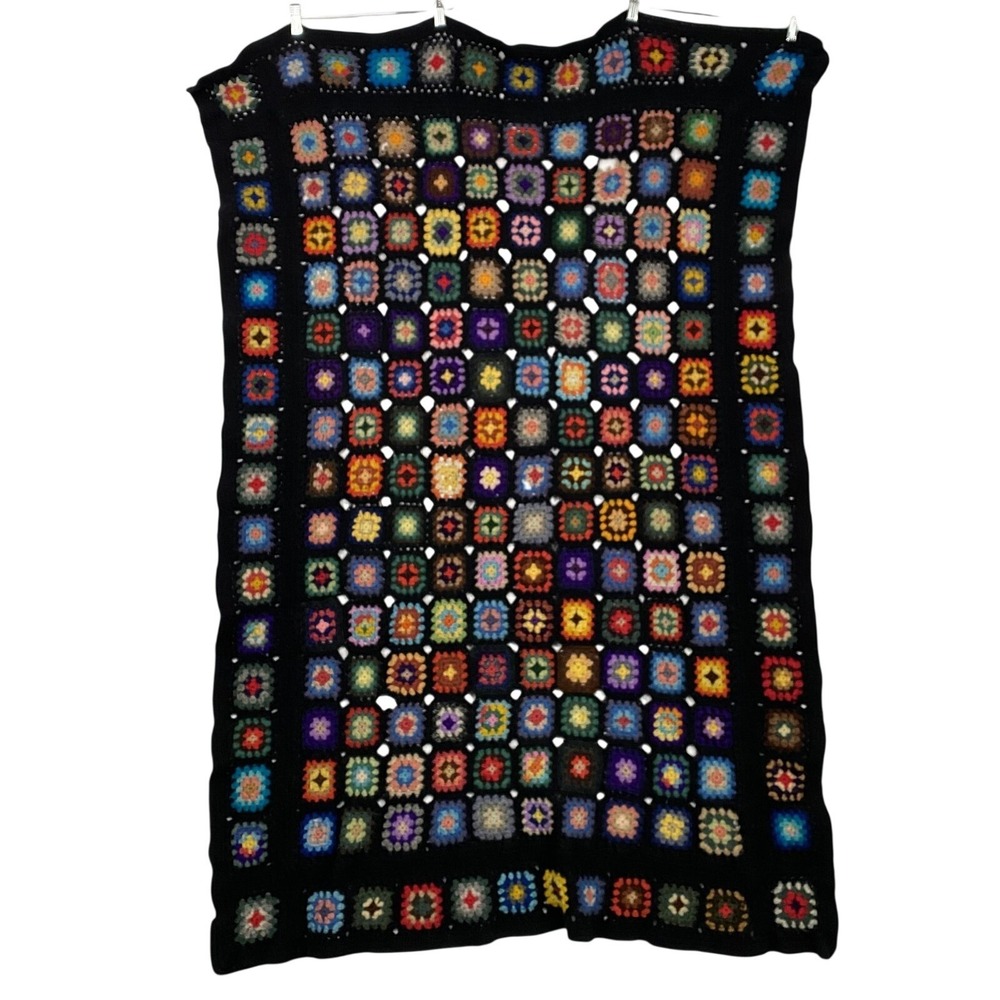 Vintage Berlou Wool Granny Square‎ Throw Blanket Afghan 61.5x39.5 Multicolor